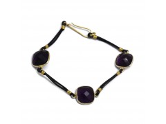 Brass Gold Plated Amethyst Gemstone With Brown Leather Bracelets- A1B-1509