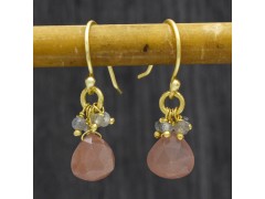 925 Sterling Silver Gold Plated Peach Moon Stone, Labradorite, Ruby Gemstone Dangle Earrings- A1E-169