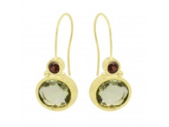 925 Sterling Silver Gold Plated Garnet, Green Amethyst Gemstone Dangle Earrings- A1E-5800