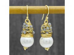 925 Sterling Silver Gold Plated Grey Chalcedony, Pearl Gemstone Dangle Earrings- A1E-8608