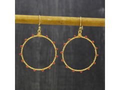 925 Sterling Silver Gold Plated Coral Gemstone Dangle Earrings- A1E-9352