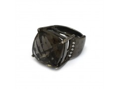 925 Sterling Silver Black Rhodium Plated Smoky, White CZ Gemstone Adjustable Rings- A1R-1485