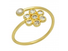 925 Sterling Silver Gold Plated Pearl, Polki Gemstone Adjustable Rings- A1R-5544